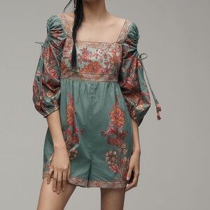 FARM Rio c Anthropologie Floral Square Neck  Romper with Puff Sleeves